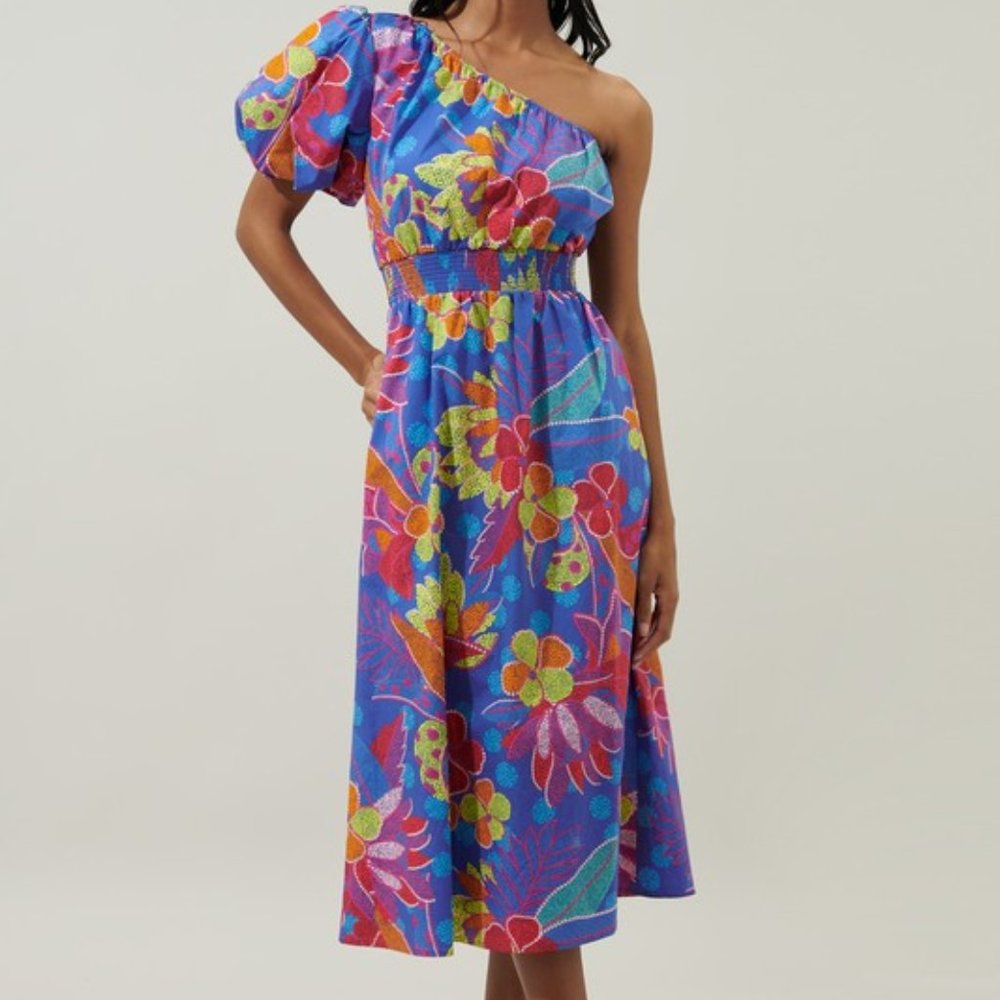 NWT Resort Wear Floral Colorful Midi Dress with bubble Sleeve Wedding guest